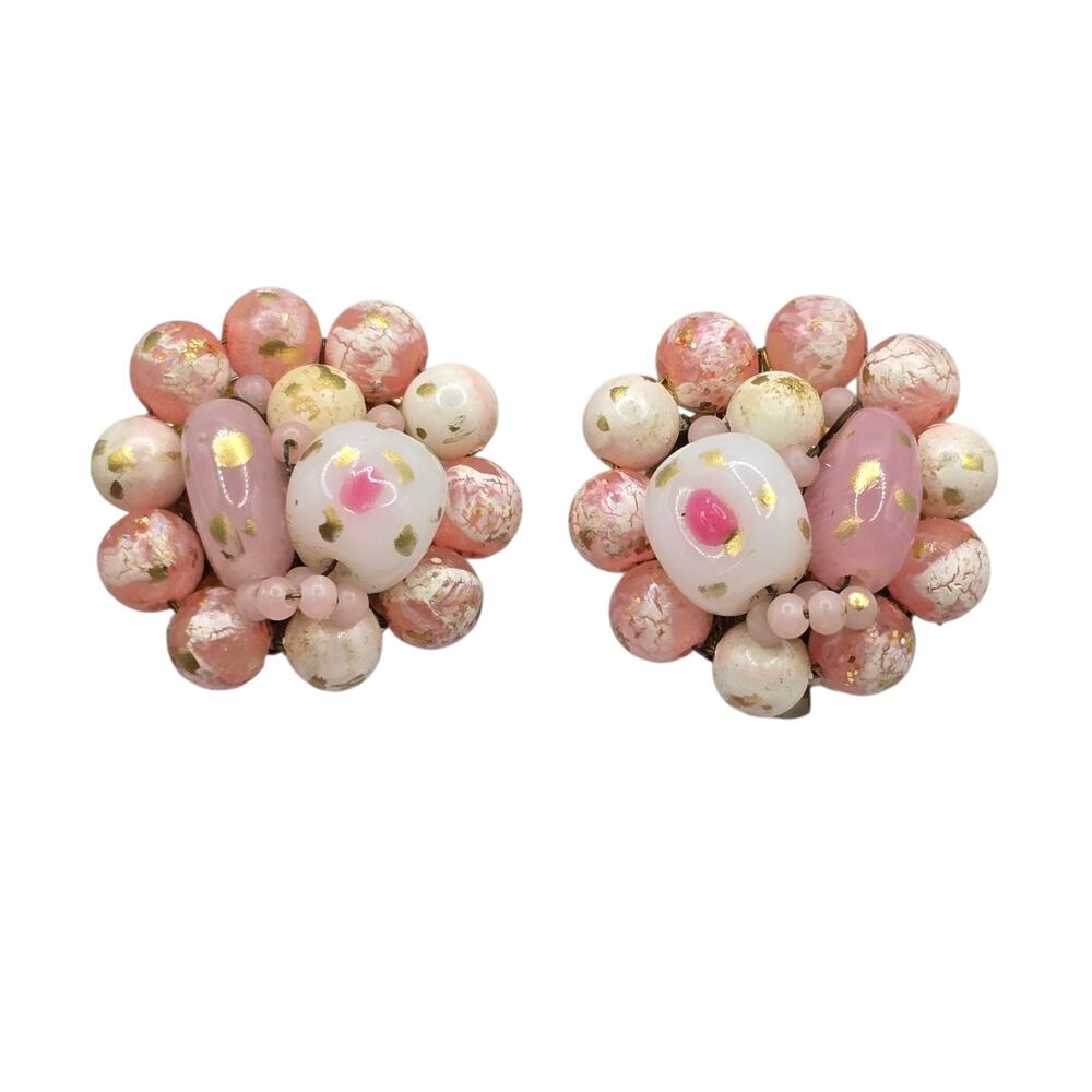 Earrings Japan Floral Golden Speckles Clustered Vintage Beaded Clip On SKU 3194